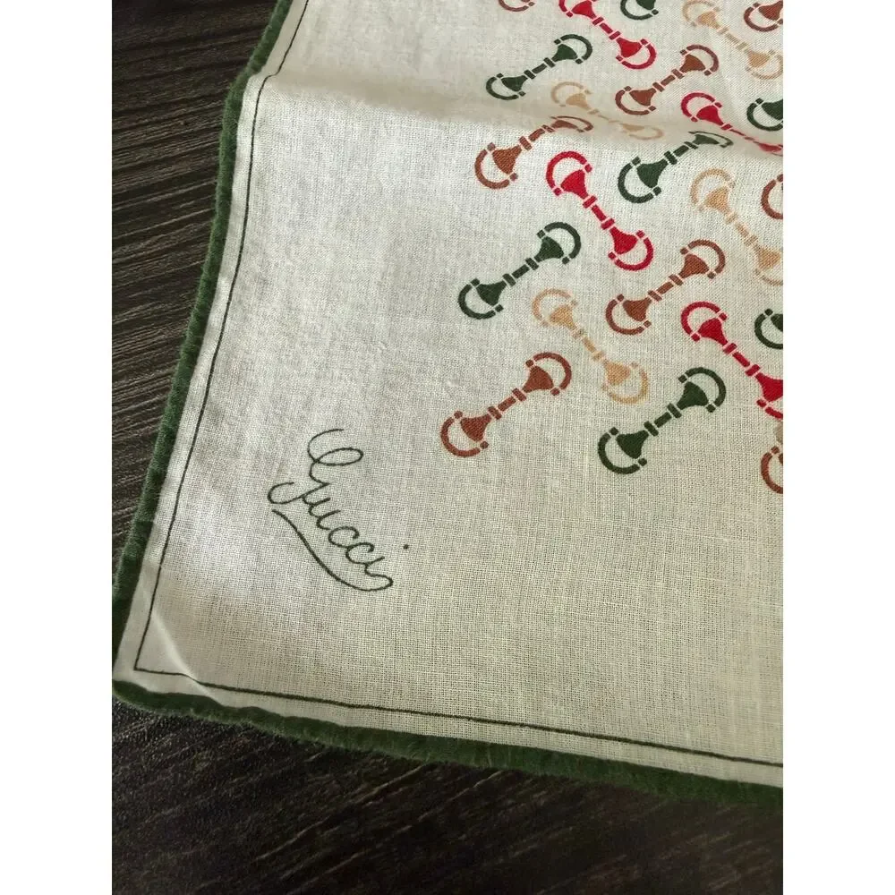 Vintage Gucci 1970’s White Cotton Scarf with Green, Red, Tan Horsebit Print